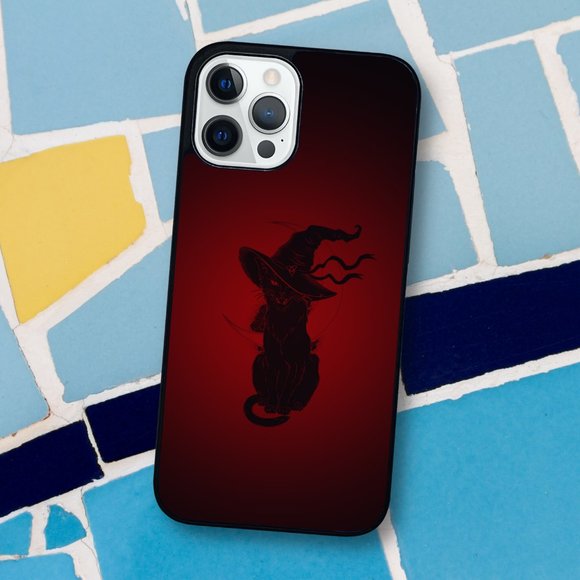 Vintage Scary Halloween Black Cat Witch Hat & Moon iPhone Case - Picture 1 of 1